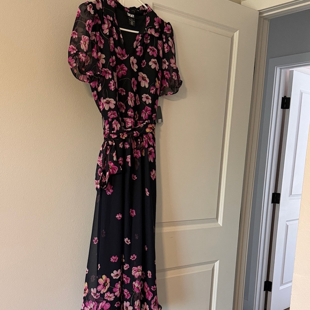 DKNY Black Midi Dress with Pink Floral Print - Picture 4 of 6